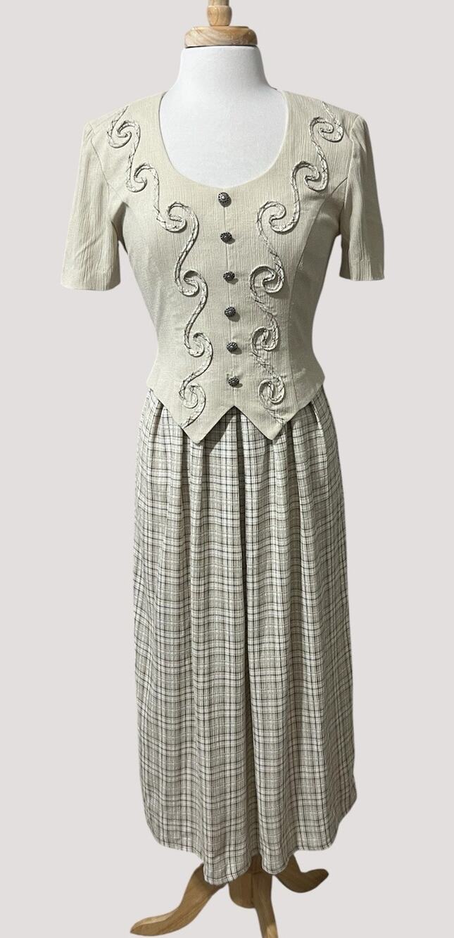 Jessica Howard Midi Dress 90s Beige Plaid Mock Vest Tie Back Cottagecore sz 6